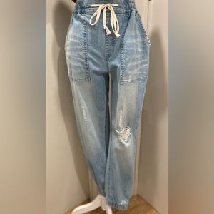 Forever21 F21 Light Blue Faded Distressed Ripped Denim Drawstring Pants Joggers